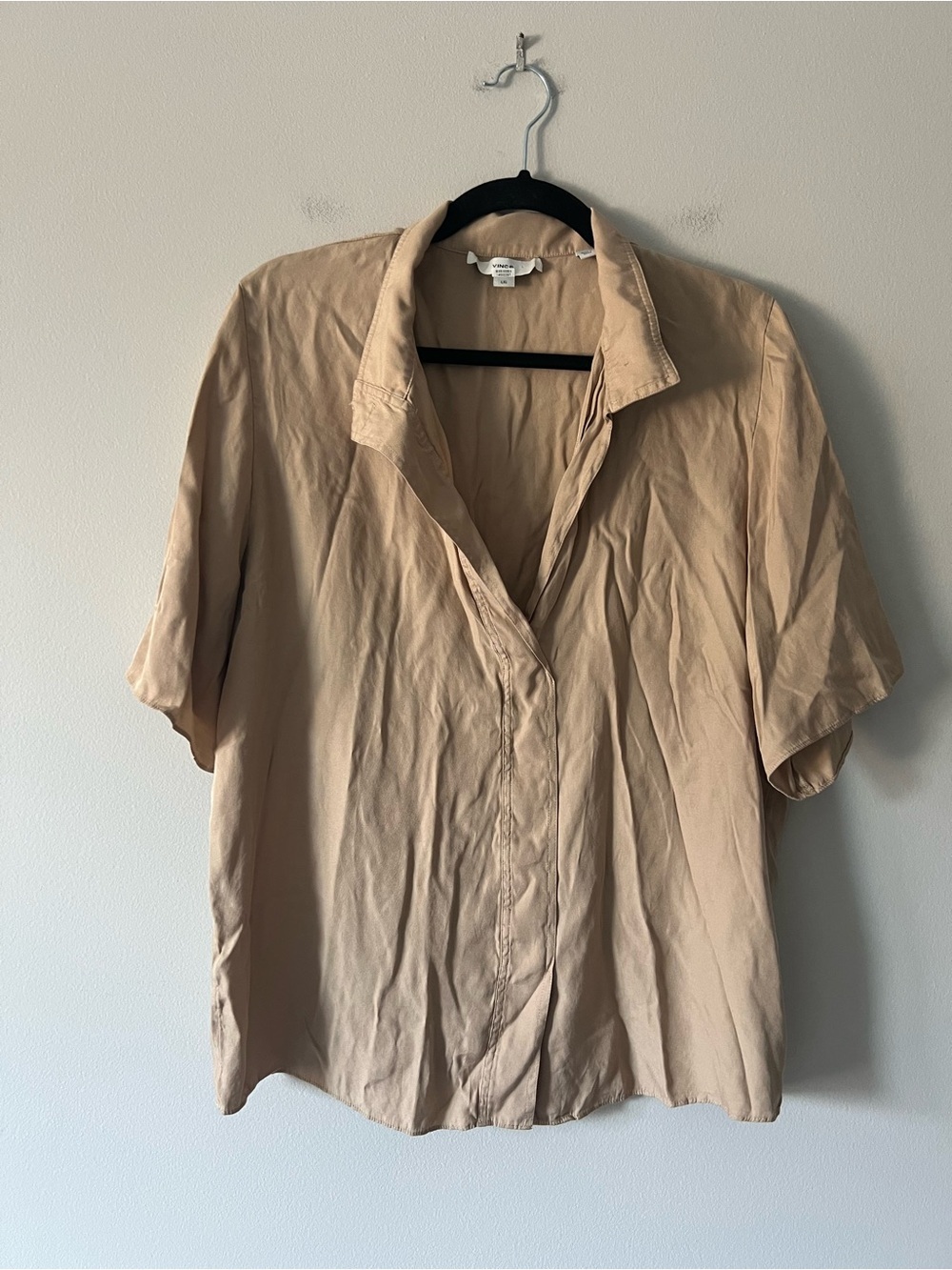Vince Silk Rayon Short Sleeve Draped Blouse Beige Taupe Large